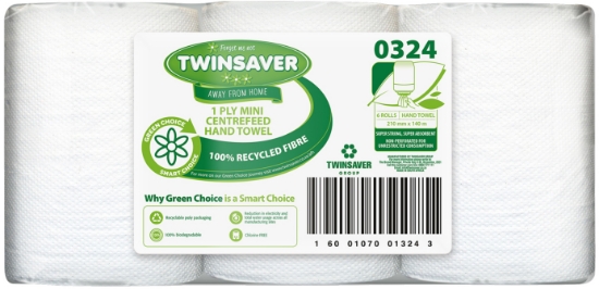 Picture of TWINSAVER Centrefeed Mini 140 Paper Towel Roll - 1 Ply - 140m - 6 Rolls