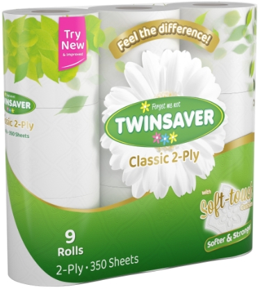 Picture of TWINSAVER Luxury Toilet Paper - Unwrapped - 2 Ply - 350 Sheets - 9 Rolls